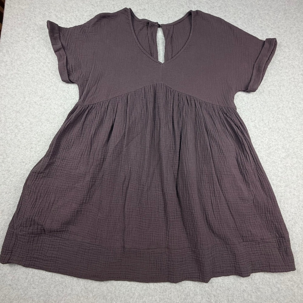 Boutique Cotton Gauze Babydoll Dress Dark Gray V-Neck Short Sleeve Pockets Med